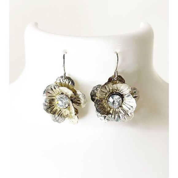 Vintage Avon Earrings retro flower Silver tone rhinestone 70s 80s glam MCM - Picture 1 of 16